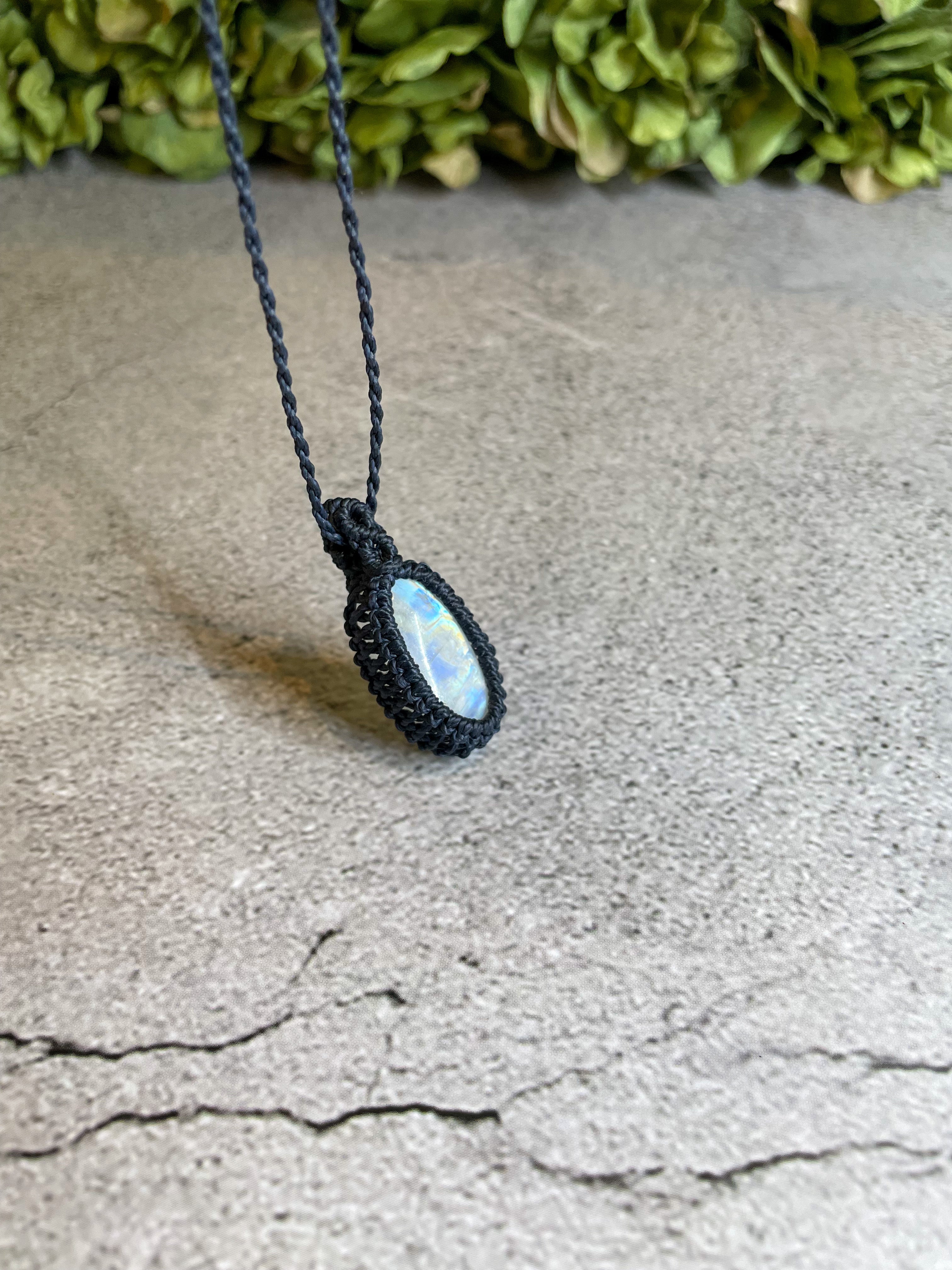 New moon collection***Rainbow 2024 moonstone electroformed pendant with intricate macrame chain