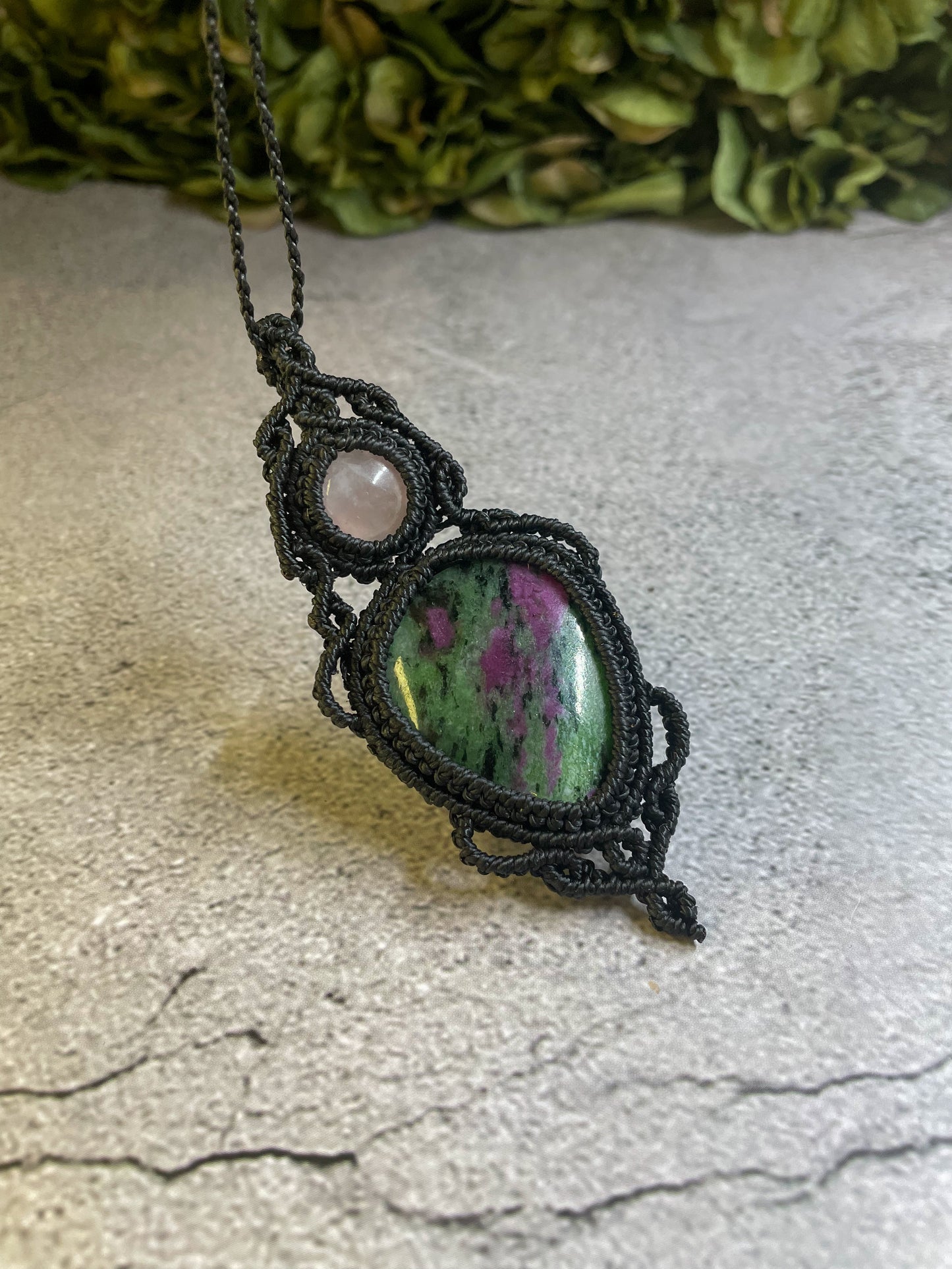 Summer Nights | Ruby Zoisite & Rose Quartz Macrame Necklace