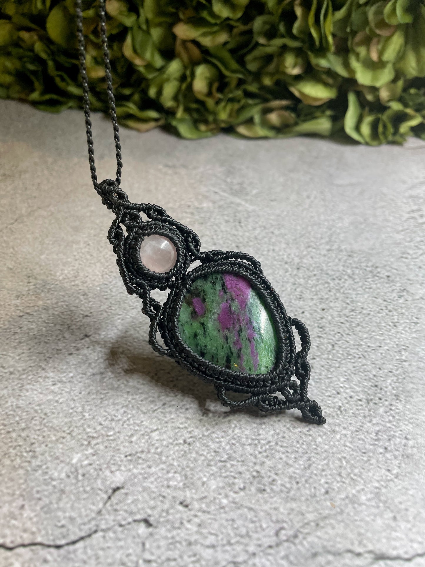 Summer Nights | Ruby Zoisite & Rose Quartz Macrame Necklace